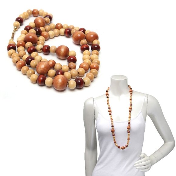 Vintage 70s Celebrity Signed Wood Bead Necklace Boho Strand Wooden Browns Gold - Picture 1 of 7